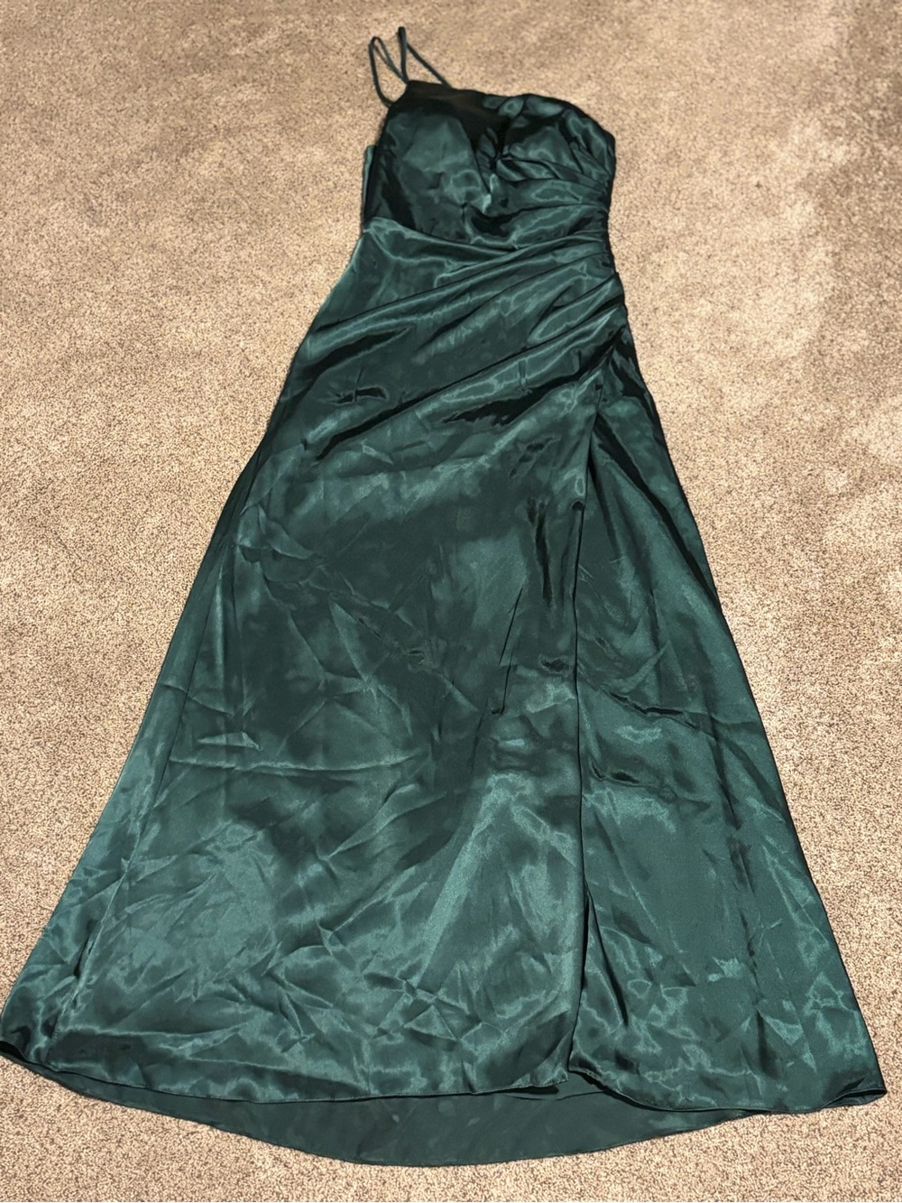 Emerald Satin Maxi Dress with Double Spaghetti Straps. Formal one shoulder